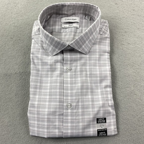 Calvin Klein Shirt Mens XL 17.5 White Gray Steel Button Up Regular Fit Stretch - Picture 1 of 6
